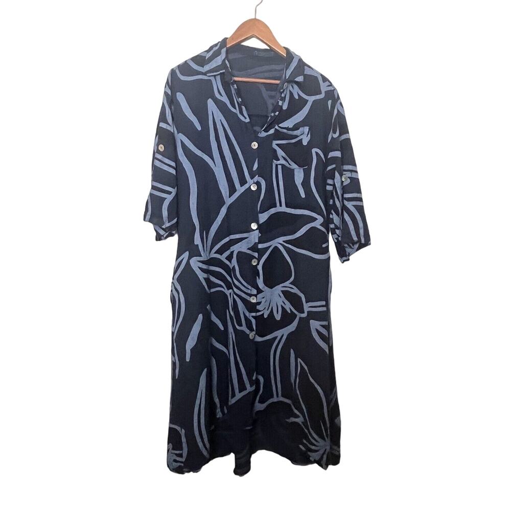 Meo Meli Women’s One Size Blue Linen Midi Maxi Button Up Roll Tab Shirt Dress